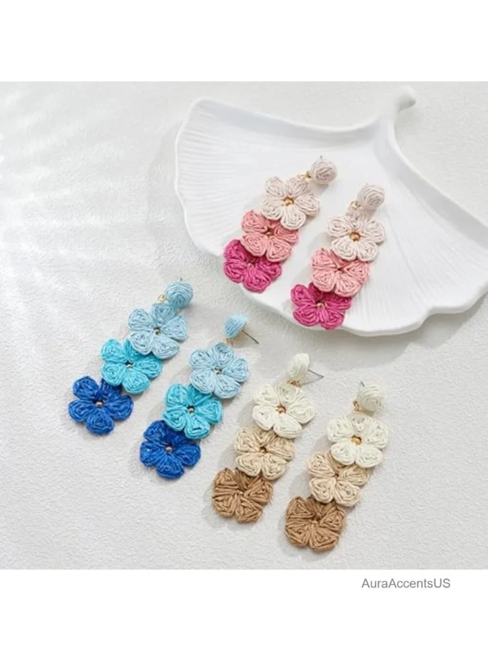 Handmade Raffia Flower Dangle Earrings Boho Statement Straw Rattan Jewelry